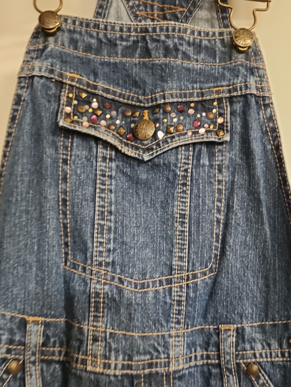 VTG Squeeze Jeans Y2K Rhinestone Bling Denim Overalls Girls Medium(10) Excellent - Picture 2 of 12